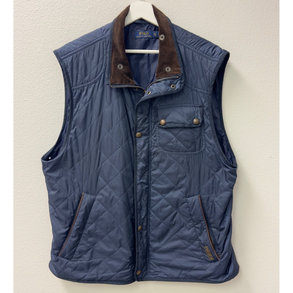 Polo Ralph Lauren Quilted Vest Mens XL Navy Blue Corduroy Trim Zip Snap
